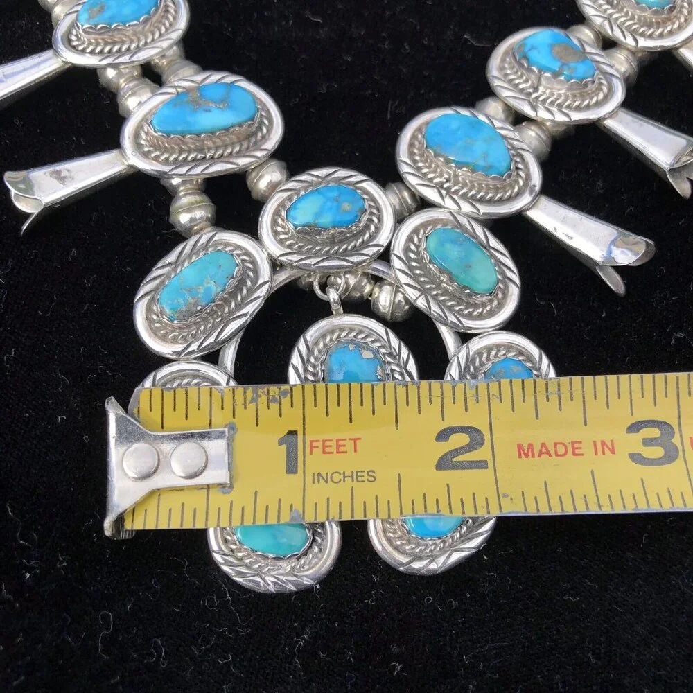 Vintage Sterling Silver Navajo Kingman Turquoise Squash Blossom Necklace Jewelry - Picture 14 of 16